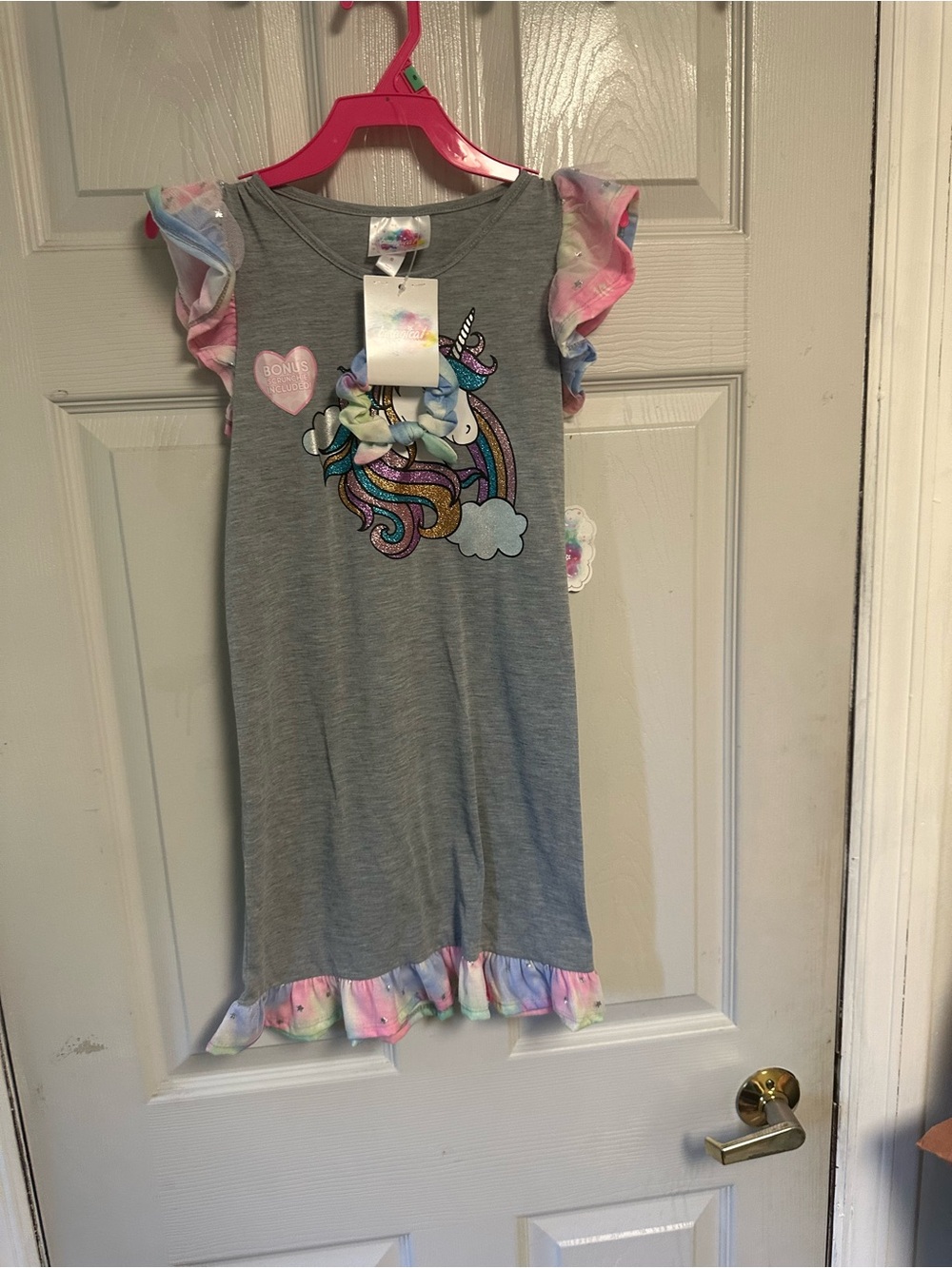 Gray Unicorn Ruffle Nightgown with Rainbow Accents size 8